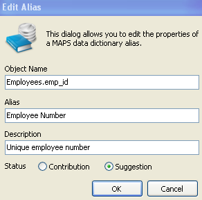 Edit Alias dialog showing an Object Name of Employees.emp_id, Alias of "Employee Number", and Description of "Unique employee number".